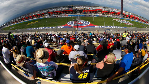 Fans who attend Sunday's NASCAR Cup race at Auto Club Speedway will enjoy this view for the last time before the 2-mile superspeedway is rebuilt as a half-mile, high-banked track that should open either in late 2024 or early 2025. (Photo by Jonathan Ferrey/Getty Images)